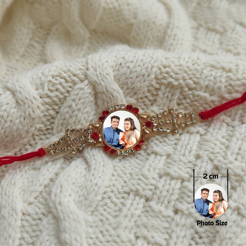 Personalized Photo Rakhi with Red Floral and Crystal Diamond Border