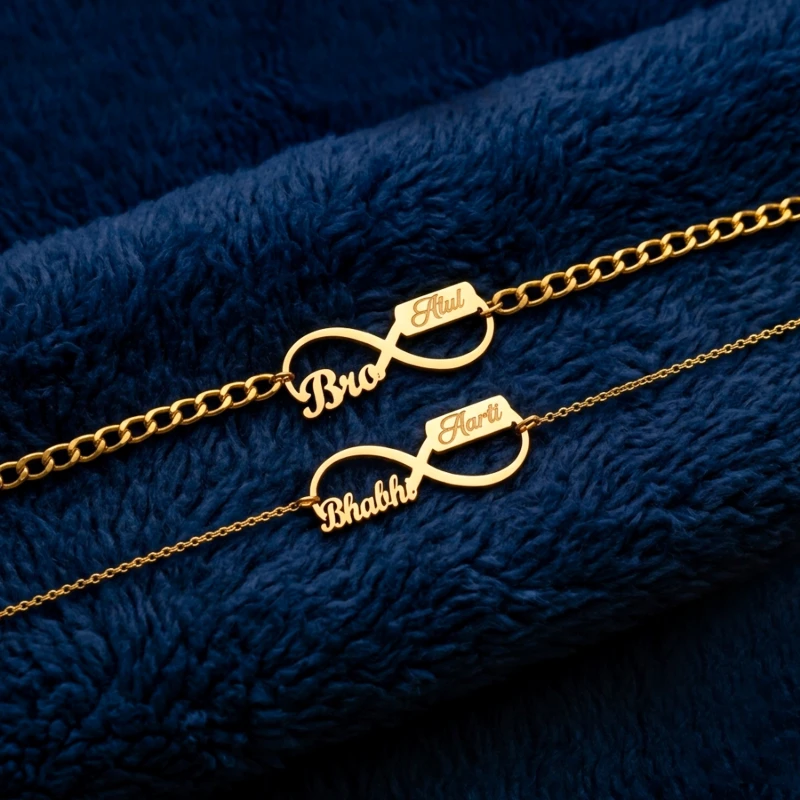 Personalized Infinity Bhaiya Bhabhi Rakhi Combo – Customized Gold-Plated Name Bracelet Set