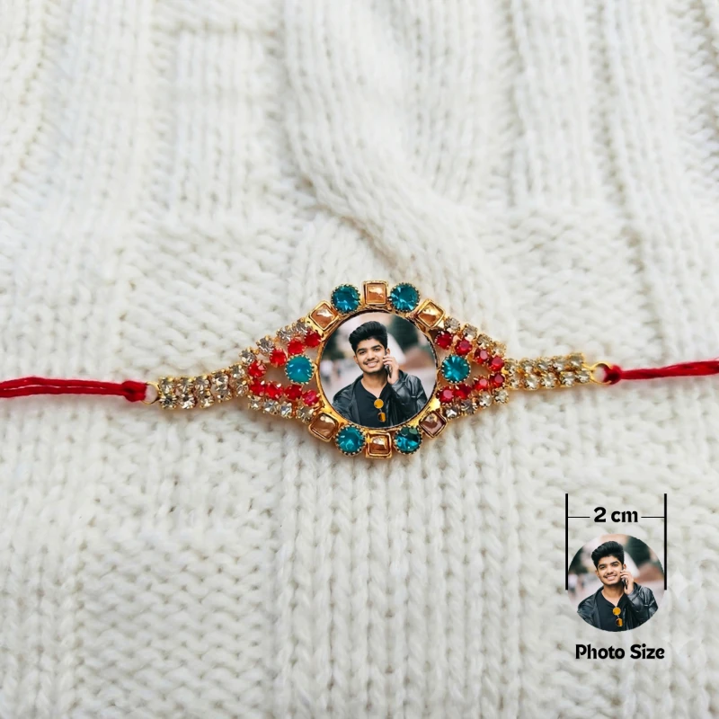 Personalized Photo Rakhi with Multicolour Teal and Red Stone Studded Border