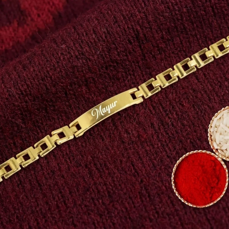 Personalized Luxury Gold-Plated Bracelet Rakhi – Customized Premium Name plate Bracelet for Brother