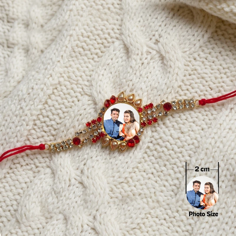 Customized Photo Rakhi with Red and White Crystal Studded Border