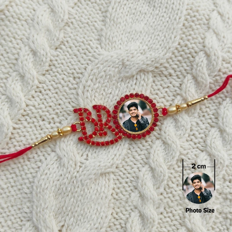 Customized Photo Rakhi with Red Stone Studded BRO with Photo Print. Bestseller